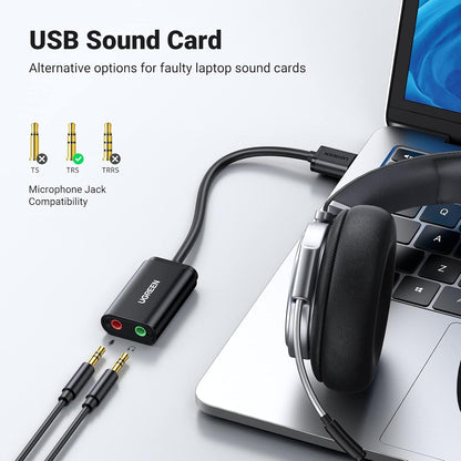 Tarjeta de sonido USB UGREEN US205, 2 x 3,5 mm jack, Negro 