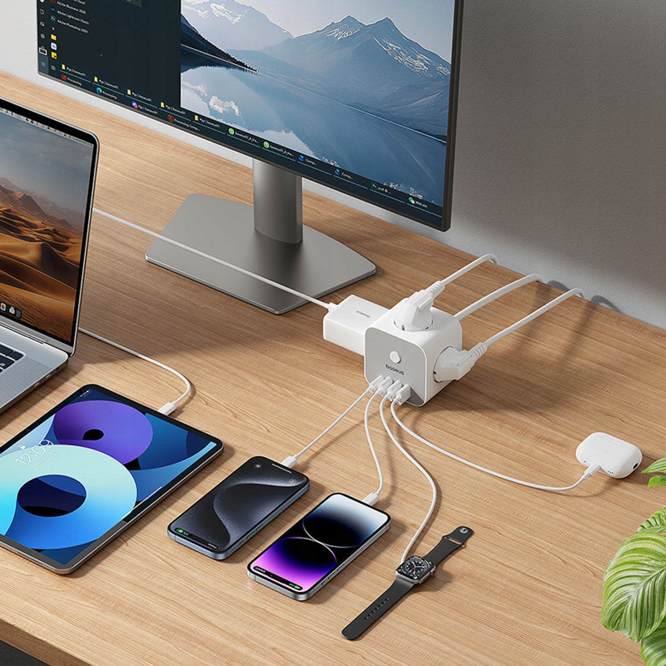 Regleta Baseus PowerCombo 7in1, 20W, 3A, 3 x USB-A - 1 x USB-C - 3 x Schuko, Blanca E00066401213-00