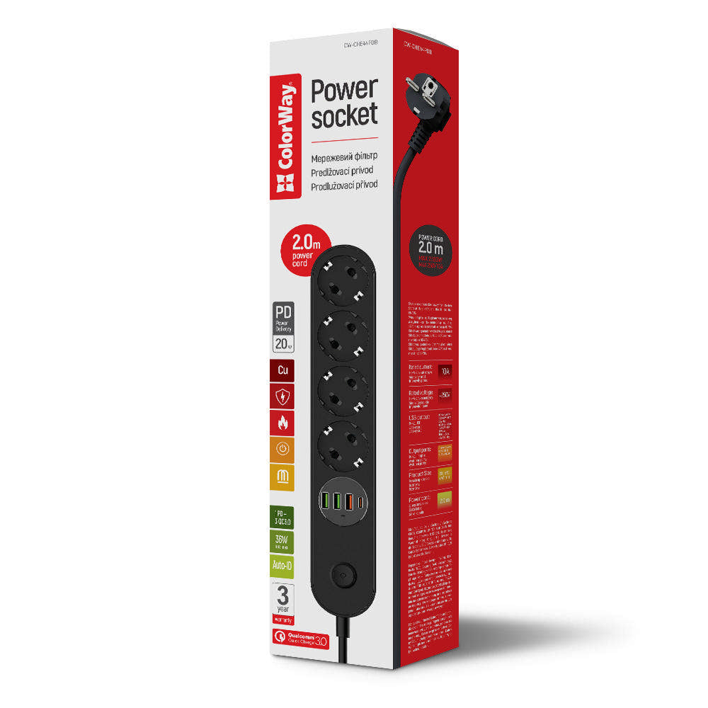 Regleta ColorWay, 4 x Schuko, Negra