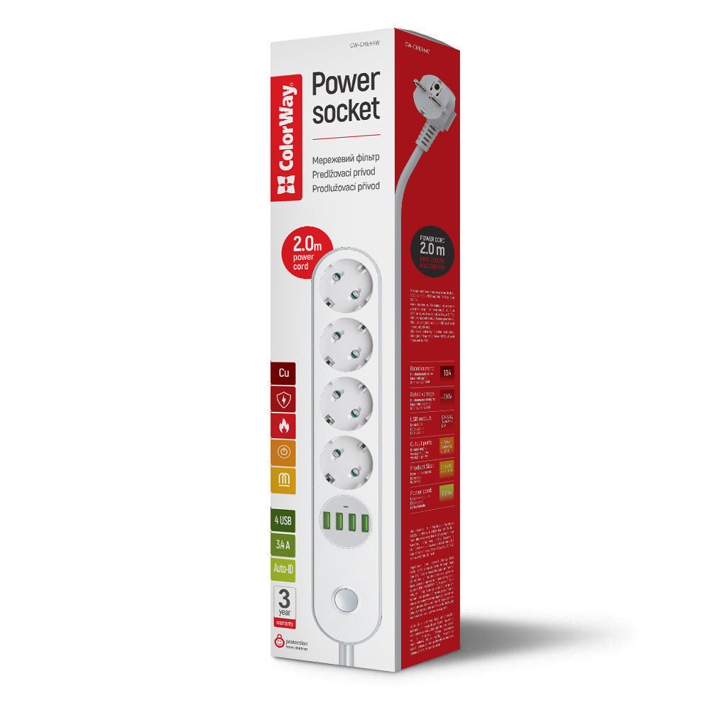 Regleta ColorWay, 4 x Schuko, Blanca
