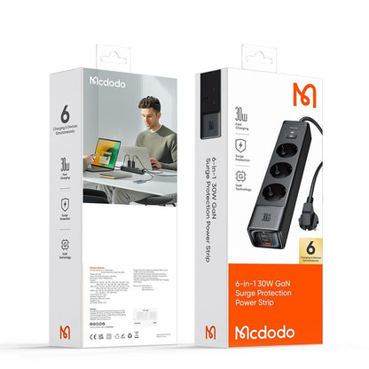 Extensión McDodo CH-0620, 3 x Schuko - 1 x USB-A - 2 x USB-C, Negro
