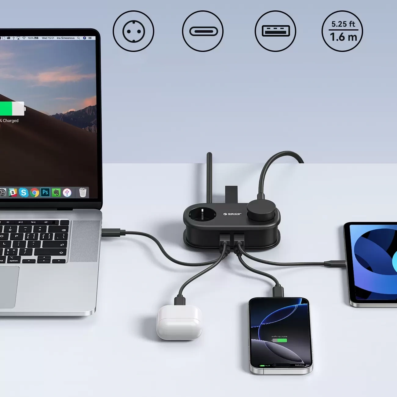 Extensión Orico AP3, 2 x Schuko - 2 x USB-A - 2 x USB-C, Negro