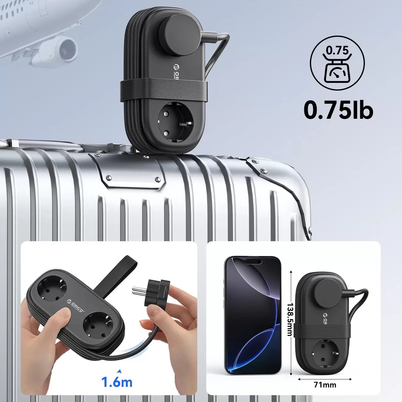 Extensión Orico AP3, 2 x Schuko - 2 x USB-A - 2 x USB-C, Negro