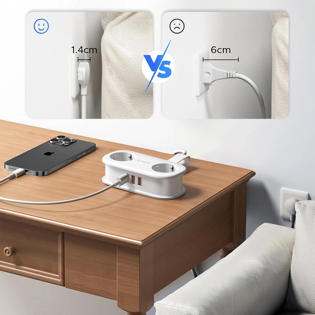 Extensión Orico APP, 2 x Schuko - 2 x USB-A - 1 x USB-C, Blanco