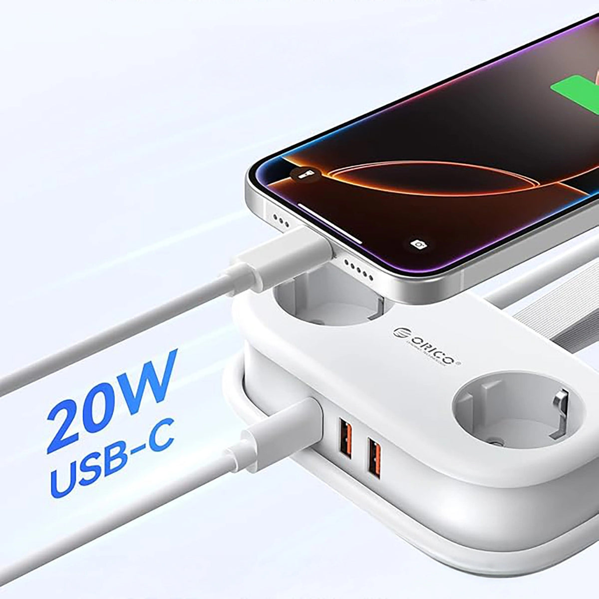 Extensión Orico APP, 2 x Schuko - 2 x USB-A - 1 x USB-C, Blanco