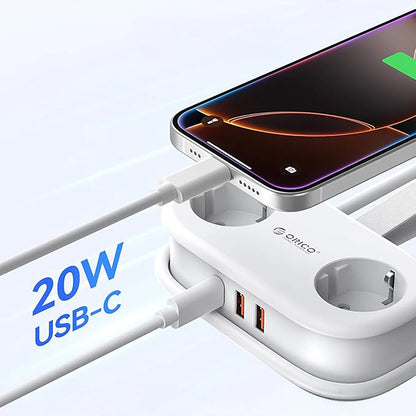 Extensión Orico APP, 2 x Schuko - 2 x USB-A - 1 x USB-C, Blanco