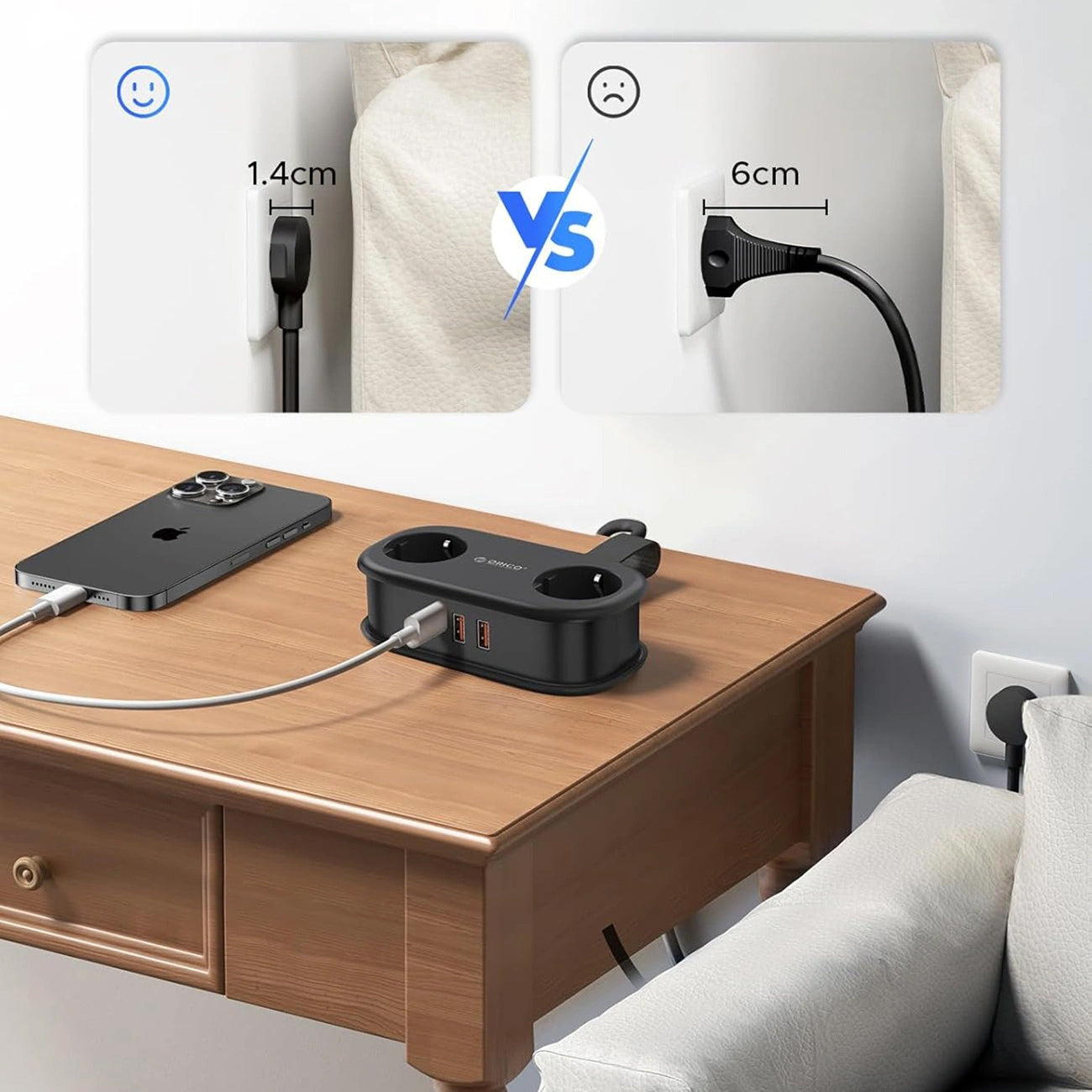 Extensión Orico APP, 2 x Schuko - 2 x USB-A - 1 x USB-C, Negro