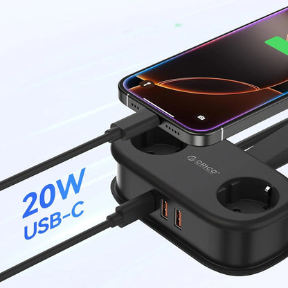 Extensión Orico APP, 2 x Schuko - 2 x USB-A - 1 x USB-C, Negro