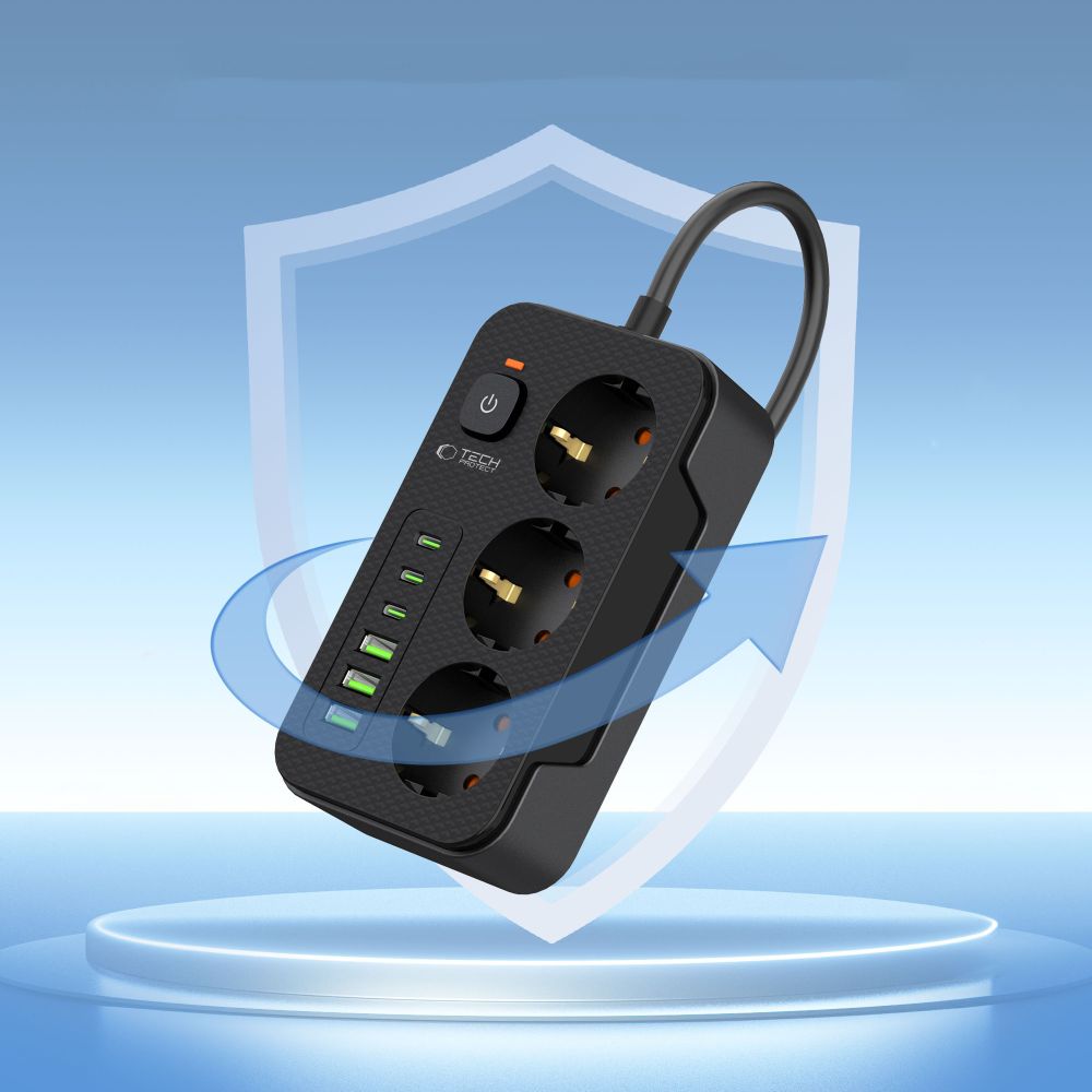 Regleta Tech-Protect PC3X6, 3 x Schuko, Negra