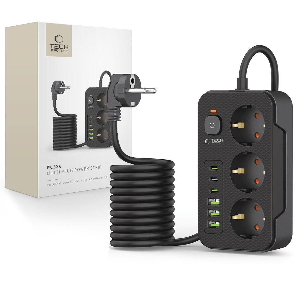 Regleta Tech-Protect PC3X6, 3 x Schuko, Negra