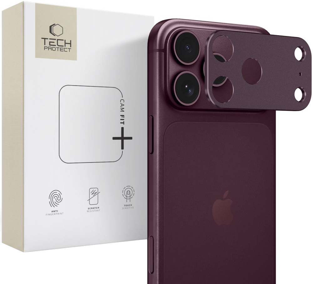 Marco protector para cámara trasera Tech-Protect Camalloy Fit+ para Apple iPhone 18 Pro, aluminio, color burdeos.