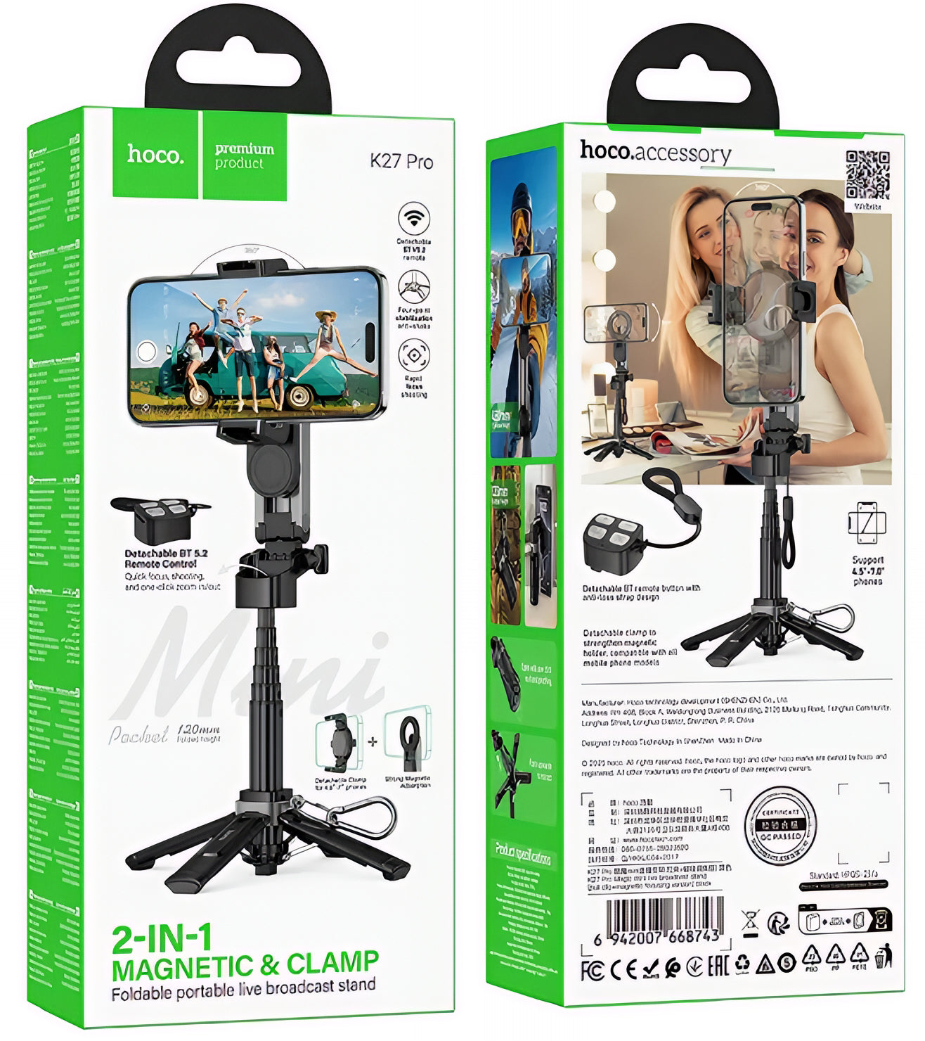 Selfie Stick Bluetooth HOCO K27 Pro, Universal, Negro