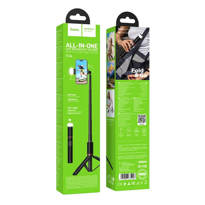 Selfie Stick Bluetooth HOCO K34, 4.5 pulgadas - 7 pulgadas, Negro