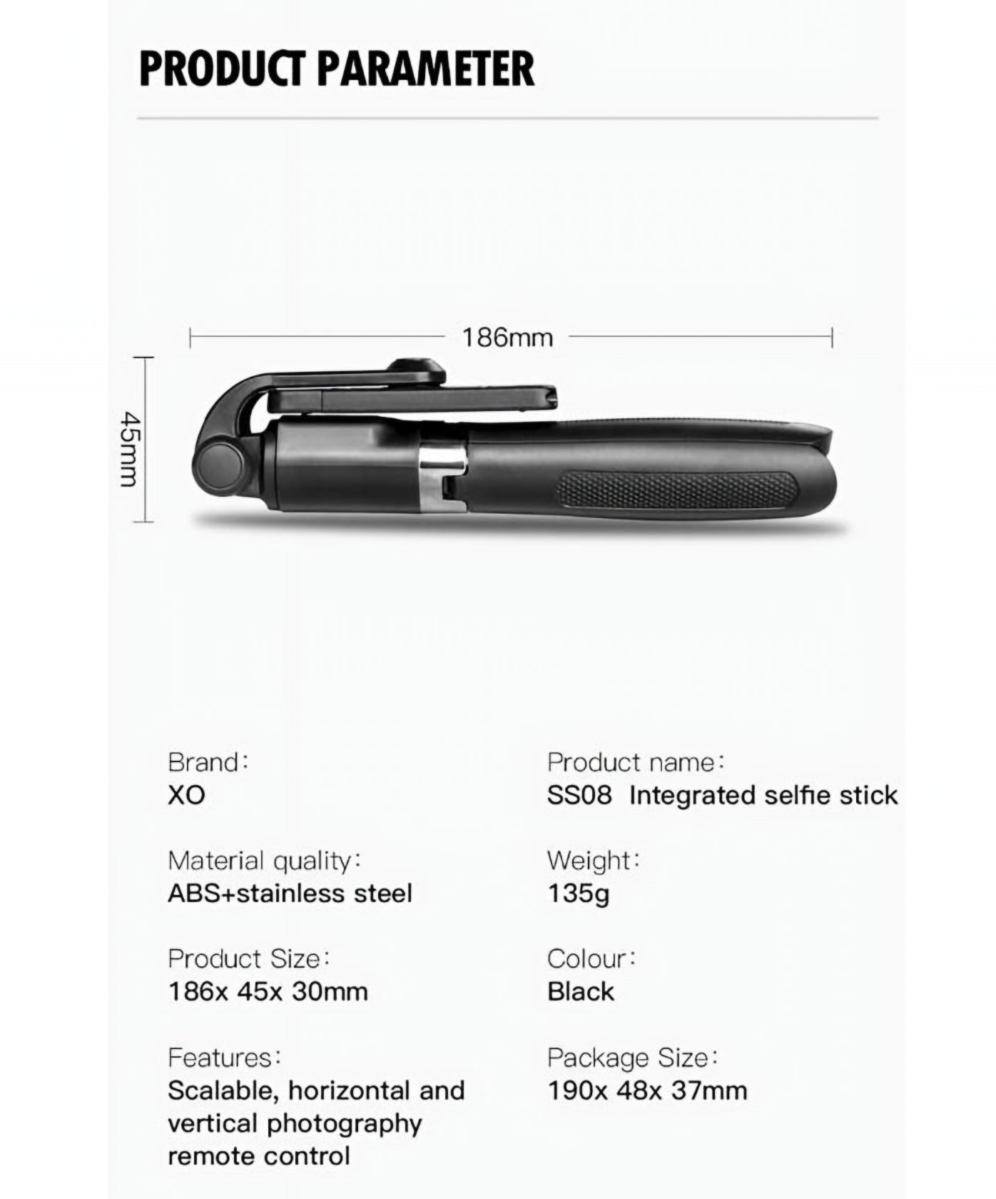 Selfie Stick Bluetooth XO Design SS08, Universal, Negro