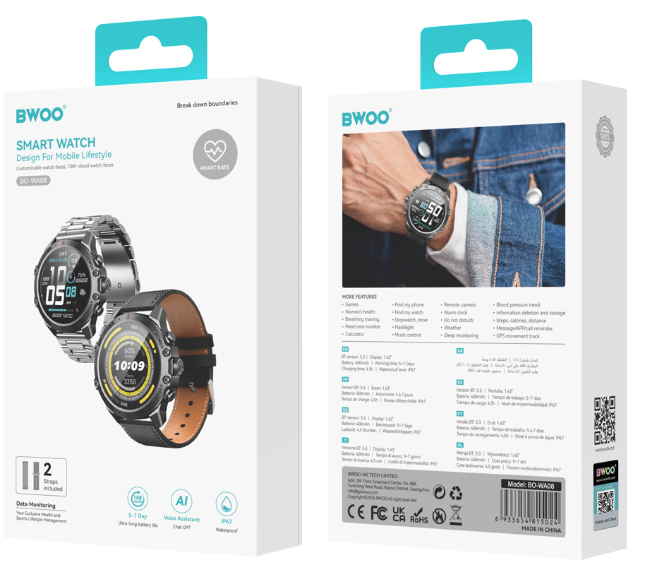 Smartwatch BWOO WA-08, Negro