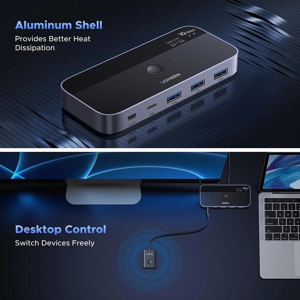 Switch USB UGREEN CM691 (45784), 3 x USB-A 3.2 - 1 x USB-C - 1 x miniUSB, Negro