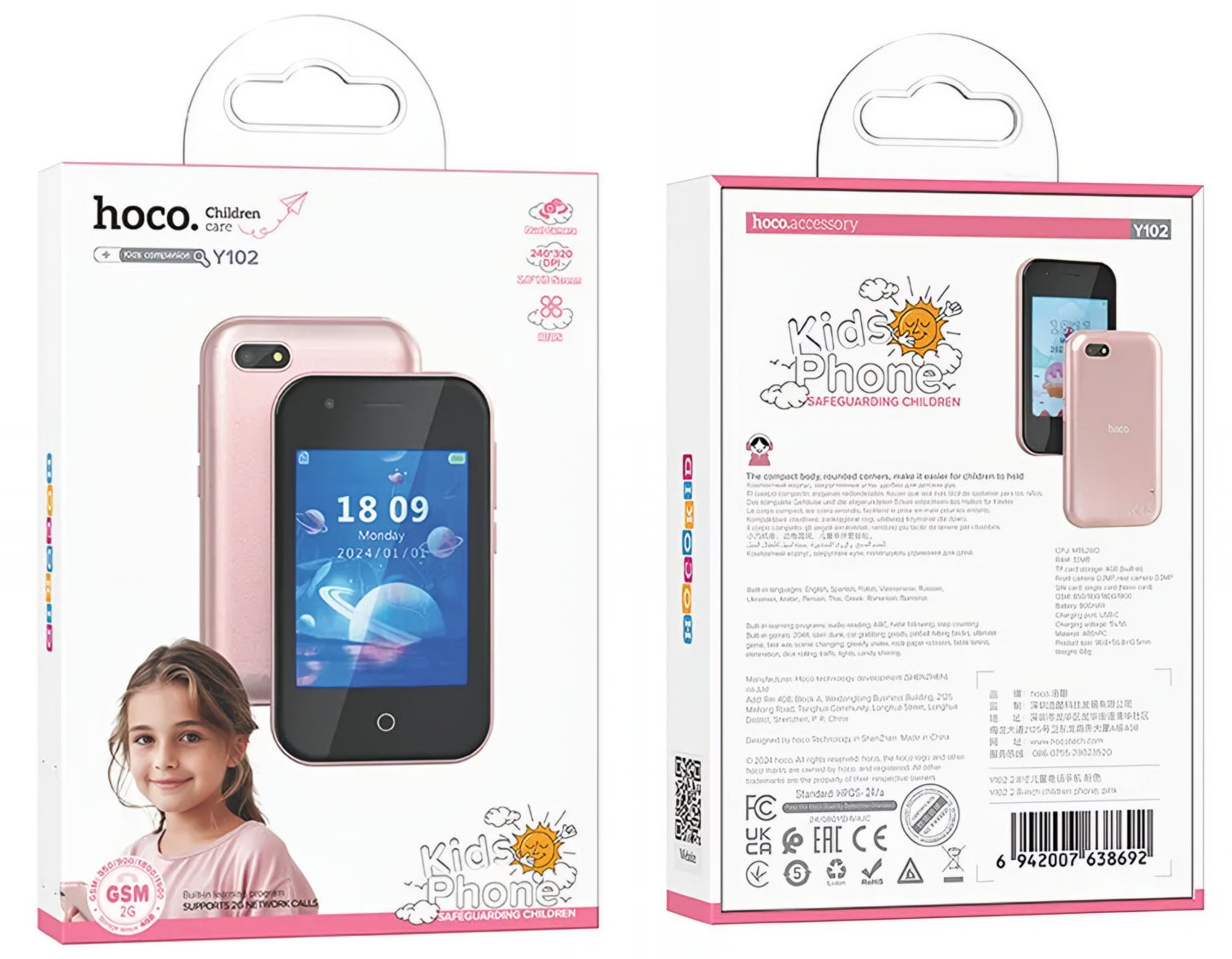 Teléfono Móvil HOCO Y102 Kids, 2G, Pantalla 2.8 pulgadas, Rosa